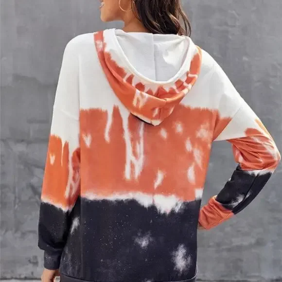 Colorblock Tie Dye Long Sleeve Womens Pullover Hoodie Sweater Pocket Medium - Picture 6 of 8